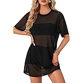 LYANER Women's Sheer Mesh Short Sleeve Cover Ups Round Neck See Through Sexy Blouse Shirt Top