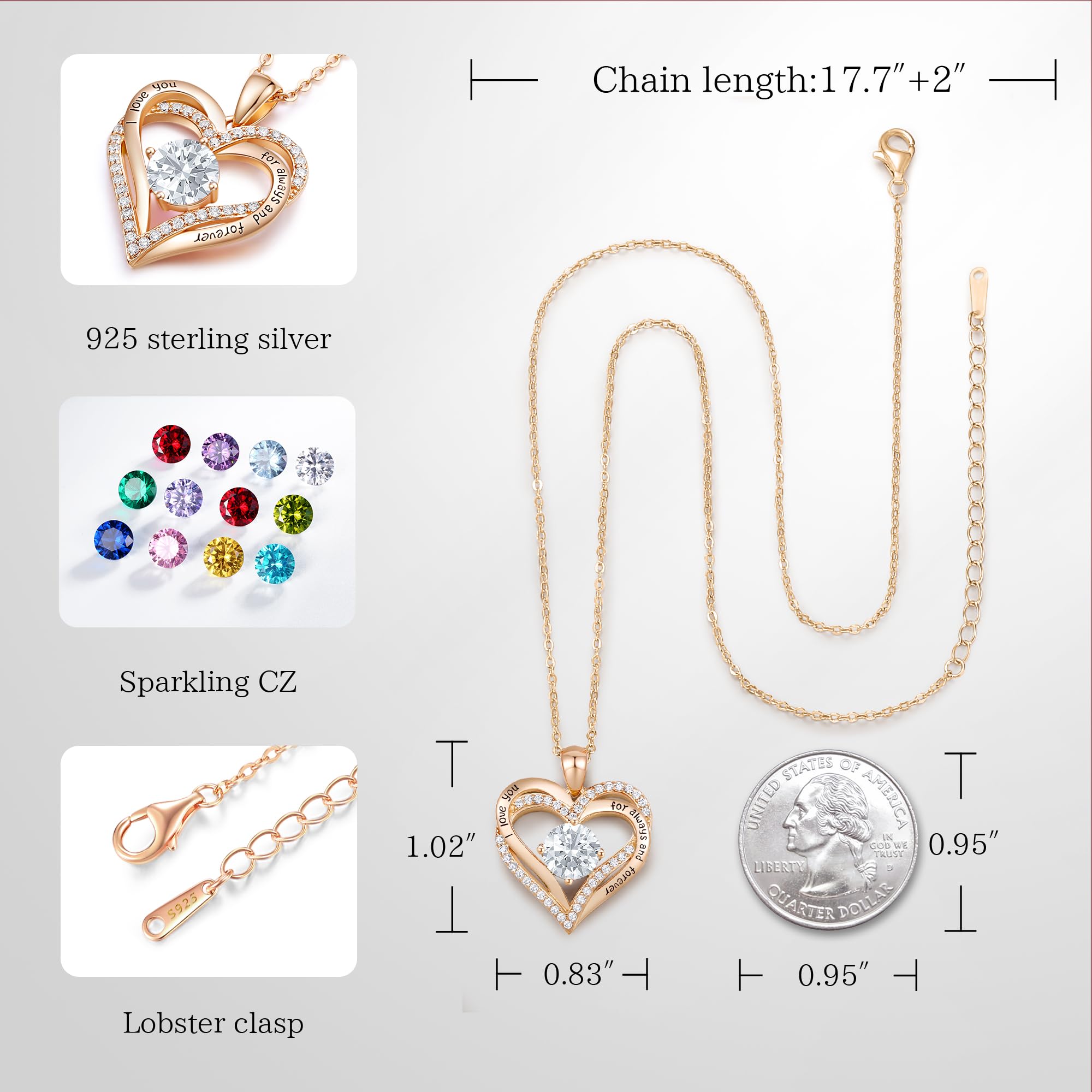 CDE Necklaces for Women Birthstone Pendant, Sterling Silver Love Heart Rose Gold Jewellery Gifts for Mum Her Wife Girlfriend Anniversary Birthday Mothers Day (925 Sterling Silver, Rose Gold-04-Apr)