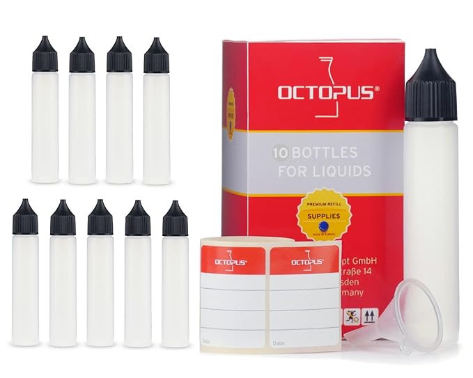10 x 30 ml Liquidflaschen mit Trichter + Etiketten, weiche LDPE Dosierflaschen für E-Liquids, E-Zigaretten, Unicorn bottles f