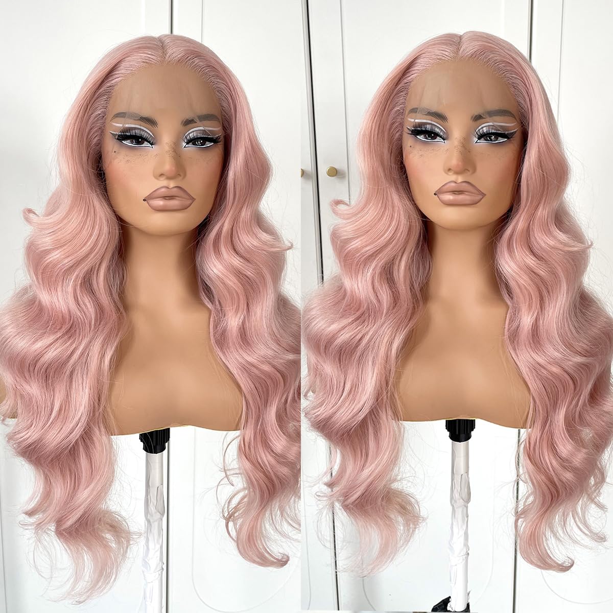 Photo 1 of MITIMES Pink Wigs Glueless HD Lace Front Wigs Pre Plucked Synthetic Body Wave Wear And Go Lace Front Wig For Cosplay Party Light Pink Wig With Natural Hairline For Fashion Women