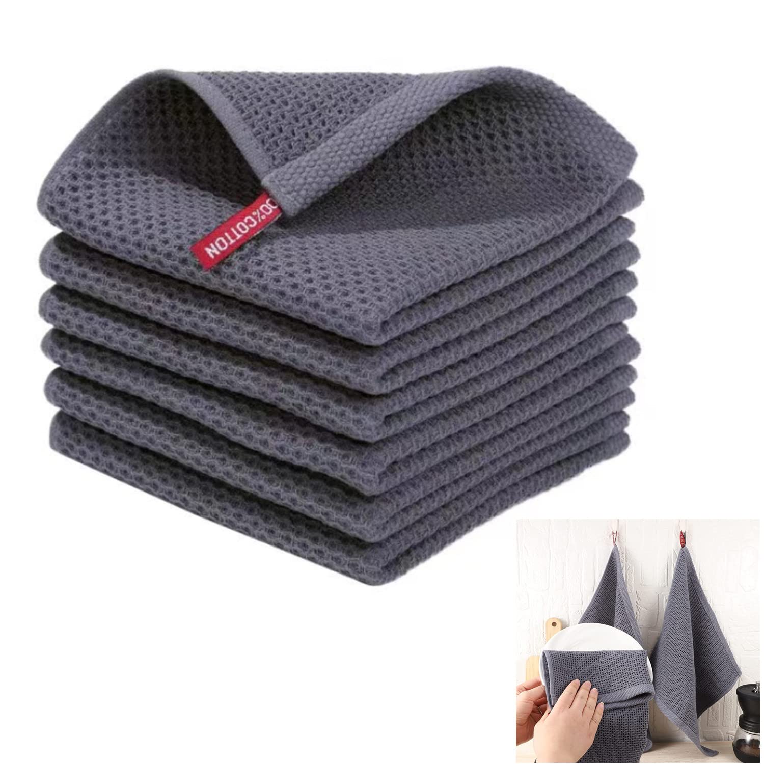 Classic Kitchen Towels,3 Pack Highly Absorbent Super Soft Hand Towels affle Weave Dish Cloths for Kitchen Washing Up Waffle Weave Tea Towels 100% cotton Vintage Design Size 34x34cm Grey