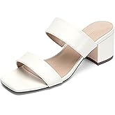 Glamnest Women's Two Strap Heeled Sandals Square Open Toe 2 Inch Low Chunky Block Heels Slip On Dressy Slides Comfortable Summer Wedding Party Shoes Wide Width Friendly