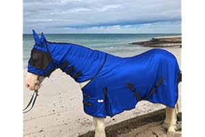 Majestic Ally Horse Fly Sheet with Neck Cover and Head Mask, Breathable UV and Bite Equine Protection, Adjustable Body Straps, Boarding or Turnout Accessory, Contoured Fit (Royal Blue, 80 Inch)