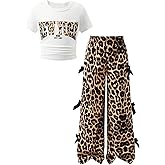 SweatyRocks Girl's Two Piece Y2K Outfits Graphic Tee and Bow Leopard Pants Matching Sets