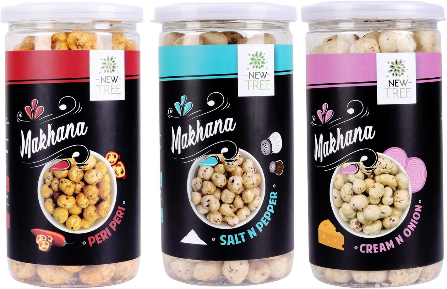 Newtree Jumbo Makhana Peri Peri, Jumbo Makhana Salt and Pepper, Jumbo Makhana Cream n Onion Combo of 3, Total Weight 225 gm