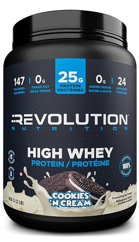Revolution Nutrition, High Whey, Protein Powder 2LB, Whey Protein, Gluten Free, 25g of Protein Per Scoop, 908 g, 24 Servings (Cookies and Cream, 2 Pound)