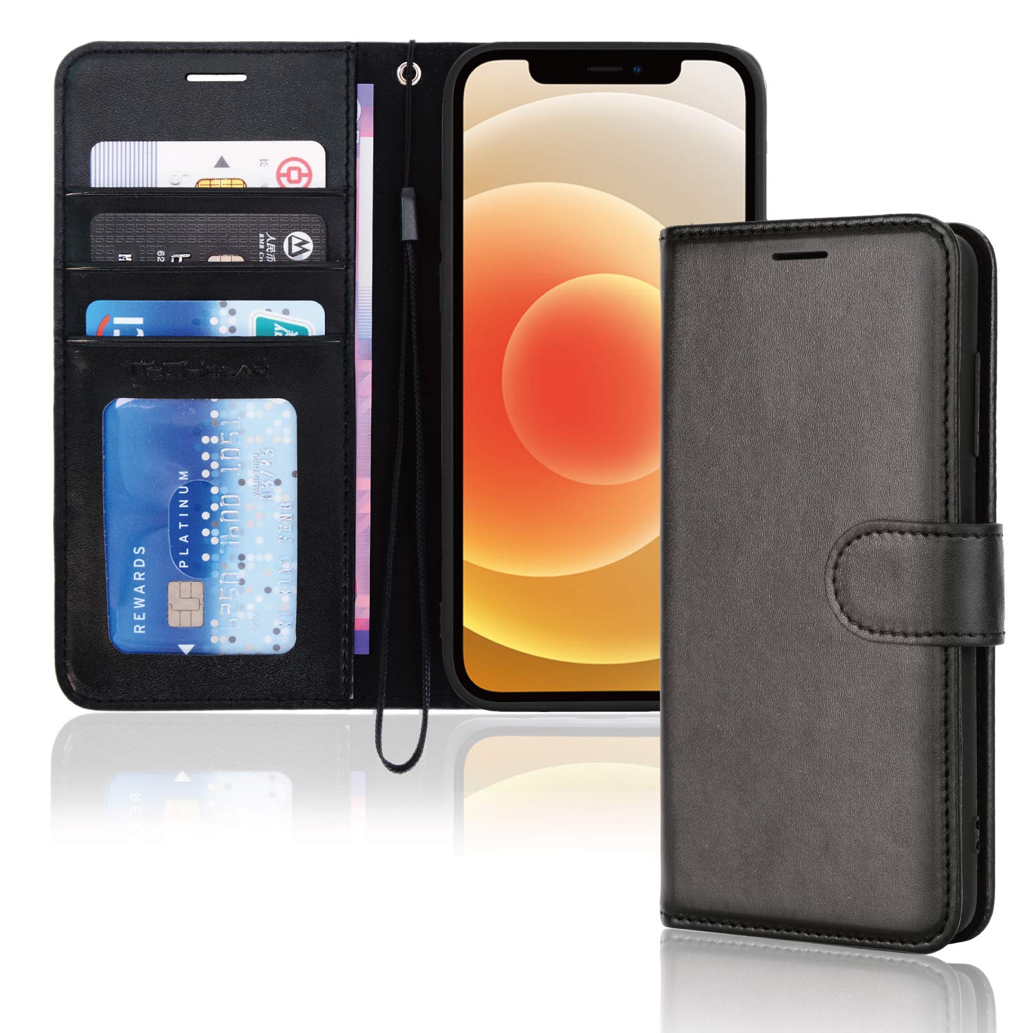 TECHGEAR iPhone 12 / iPhone 12 Pro Leather Wallet Case, Flip Protective Case Cover with Wallet Card Holder, Stand and Wrist Strap - Black PU Leather with Magnetic Closure for iPhone 12/12 Pro 6.1"