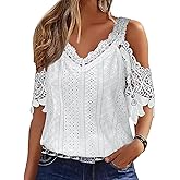 Flamingals Women's Cold Shoulder Eyelet Short Sleeve Hollow Out Lace Floral Sleeveless Blouse Top