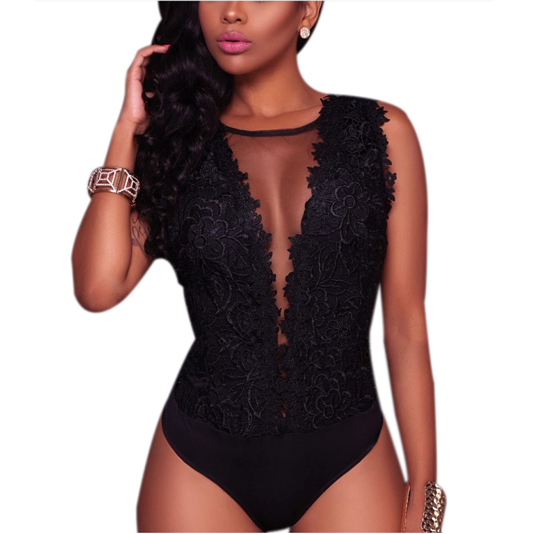 Photo 1 of RARITYUS Women's Elegant Sleeveless Floral Lace Bodysuit Jumpsuit Sexy See Through Mesh Leotard Tops