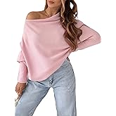 Cakulo Womens Off The Shoulder Sweater Oversized Batwing Long Sleeve Fall Pullover Sweaters Trendy Knit Tops 2025 Pink M