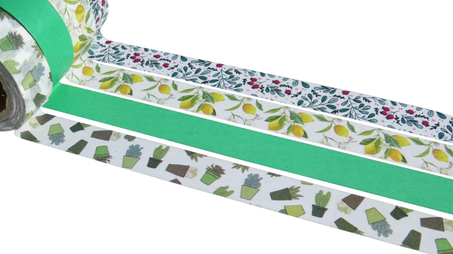 Green Washi Crafting Decorative Tape Set - 15mm x 10 Metre Tapes - Wide Choice of Designs & Colours (Green)