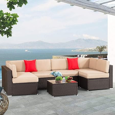 Amazon Com Solaura 7 Piece Outdoor Patio Furniture Set All Weather Pe Black Brown Wicker Sectional Sofa Set With Water Proof Cover Tempered Glass Table Top Garden Outdoor