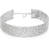 FdcLixuvol Silver Plated Rhinestone Tennis Necklace for Women, Rhinestone Choker Silver Sparkling Choker Necklace Sparkly Crystal Wide Chokers Adjustable Iced Out Jewelry Necklaces for Bridal Wedding