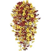GhuaH 4 Pcs Artificial Mums for Outdoors Fall Hanging Flowers Decorations Faux Silk Daisy Flowers Outside Autumn Burgundy Yellow Faux Mums for Outdoor Planters Home Indoor Porch Yard Decor