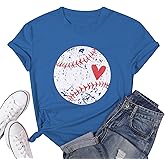 Baseball Shirt Women Baseball Heart Tee Shirts Baseball Mom Tshirt Game Day Casual Crew Neck Short Sleeve Tops