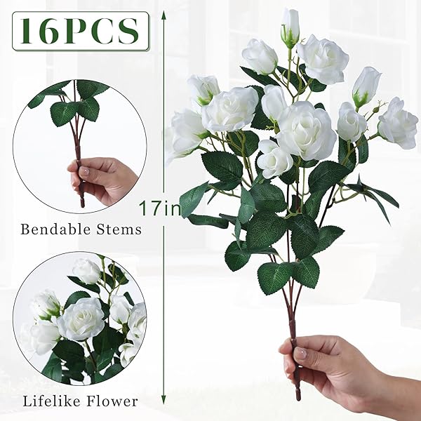 16 BUNDLES ARTIFICIAL ROSES FOR FRONT DOOR OUTDOOR DECOR, REALISTIC FAKE SILK BOUQUETS FLOWERS FAUX UV RESISTANT REAL LOOKING ROSE PLANTS FOR GARDEN BALCONY FARMHOUSE HOME SPRING SUMMER DECOR (WHITE)