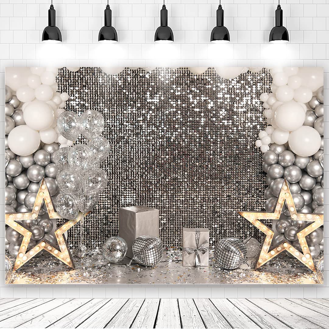 Photo 1 of 10x6ft Glitter Sliver Disco Photo Backdrop 80's Prom Themed Photography Background for Birthay, Wedding, New Year, Disco Party Wall Decorations Vinyl Photo Shoot Props