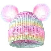 LUCKYBUNNY Kids Cat Embroidery Knitted Beanie with Pom Pom, Winter Beanies Hats Warm Ski Cap for Toddler Girls