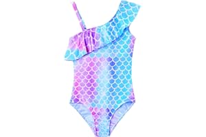 Snowheart Girls Swimsuit One Piece Bathing Suit Kids Summer Hawaiian One Shoulder Ruffle Swimwear for 3-12 Years Old