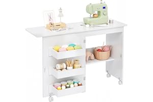 Flrrtenv Folding Sewing Table Multipurpose Craft Station & Side Desk with Compact Design, Wheels, Shelves, Bins, Pegs, Magnet