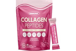 ZEBORA Collagen Peptides Powder Packets with Hyaluronic Acid, Biotin, MCT - Multi Hydrolyzed Collagen with 5 Billion Probiotics - Support Skin Hair Nail Joints & Gut Health - 30 Stick Packs