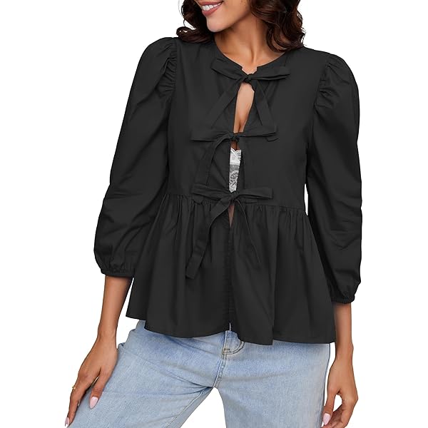 Rapbin Tie Front Tops for Women 3/4 Puff Sleeve Peplum