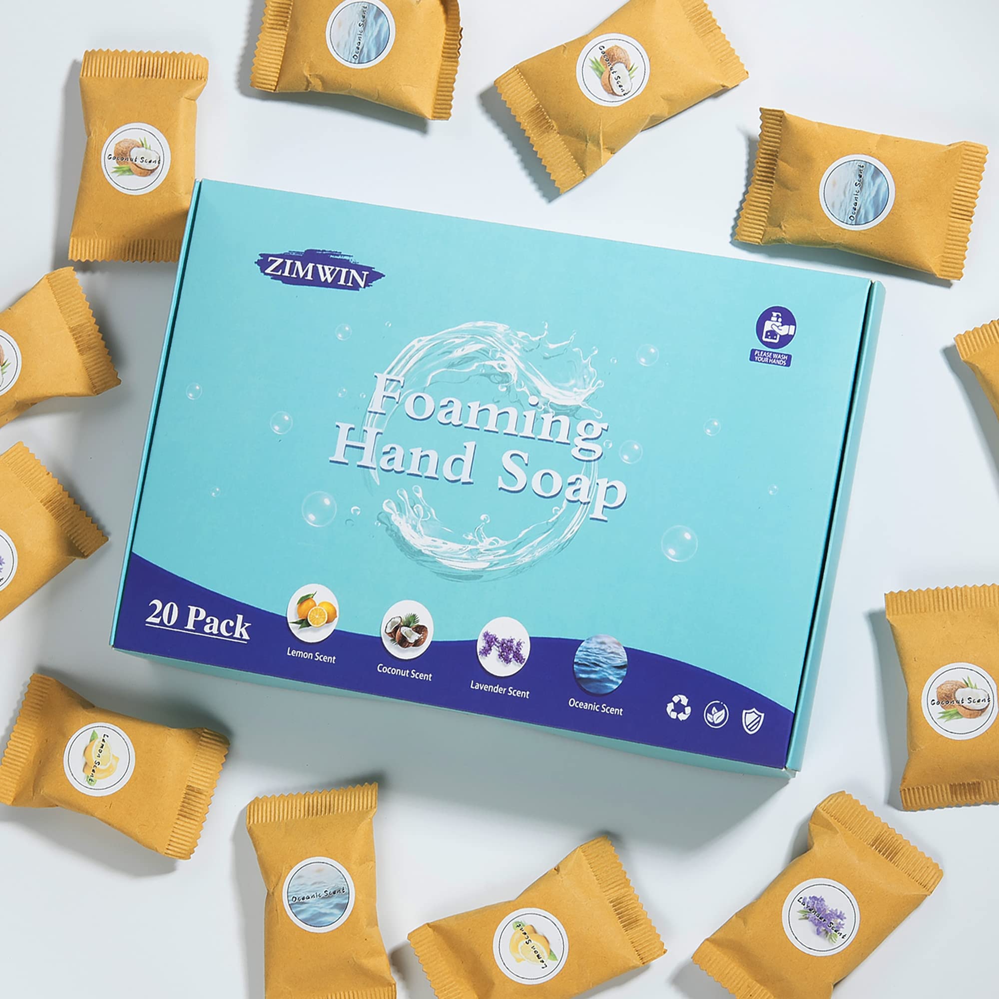 20 Pack Foaming Hand Soap Tablet Refills, 4 Scent, 12g Big Tablets, Makes 240 fl oz Soap Total, Eco Friendly Hand Wash Tablets Lemon, Coconut, Oceanic, Lavender Fragrance
