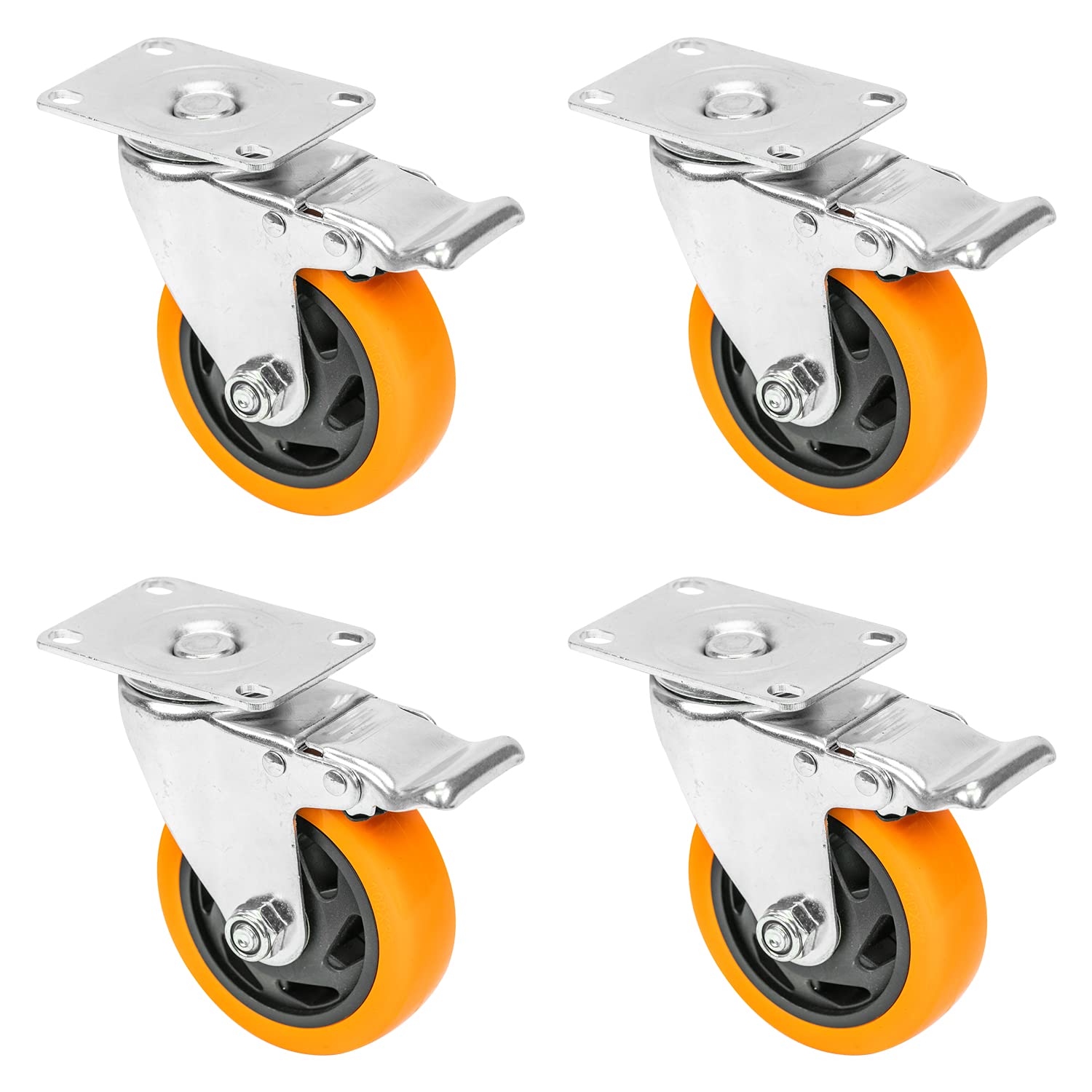 HMF 6710 Heavy Wheels with Polyurethane Brake | 4 Pieces | 100 mm | Up to 460 kg | Orange