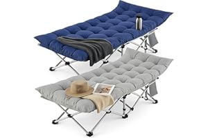 LUCKPRO Folding Camping Cot for Adults - 2 Pack Heavy Duty Sleeping Cots with Carry Bag Double Layer Oxford Portable Travel Camp Cots for Outdoor Camp Beach Home Office (Blue Pad & Gray Pad, 2PACK)