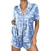 Ekouaer Womens Silk Satin Pajama Sets 2 Piece Button Down Silk Pjs Shorts Sets Cute Print Short Sleeve Sleepwear S-XXL