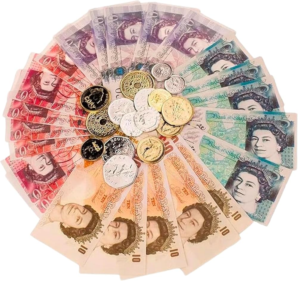 Navoys Sterling Pound Play Money Set with UK Coins and Notes for Learning