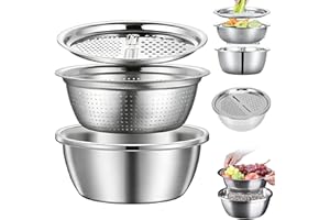 2026 New Multifunctional Stainless Steel Basin with Grater,3-in-1 Vegetable Slicer,Rice Rinser & Fine Mesh Strainer,Dual-Func