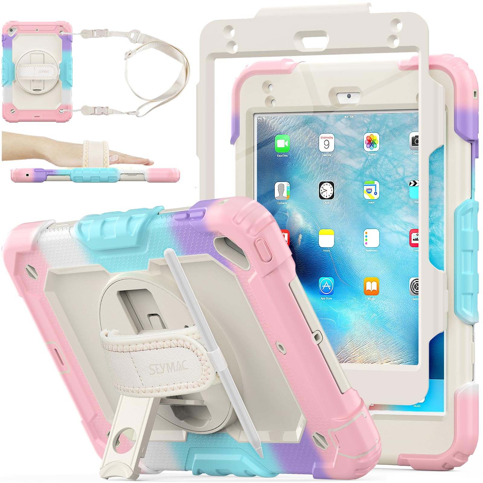 SEYMAC stock Case for iPad Mini 5th/4th Generation 7.9'', Full-body Protective Case with Screen Protector, Pencil Holder, 360° Rotating Stand & Hand Strap for iPad Mini 5/ Mini 4, Pink