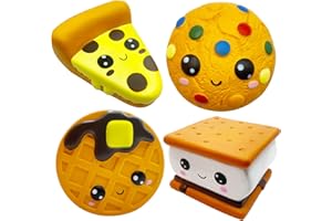 funnysquee Slow Rising 4 Pcs Smore Squishies, Cute Birthday Gift for Kids, Big Eyes Smore Pizza Biscuit Waffle Pack Stress Re