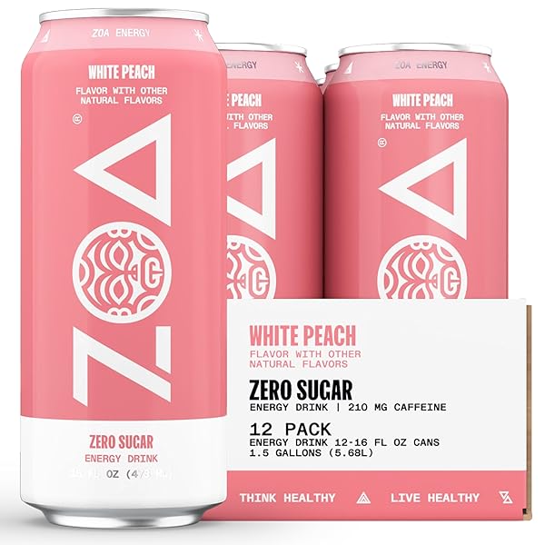 ZOA ZERO SUGAR ENERGY DRINKS, WHITE PEACH – SUGAR FREE WITH ELECTROLYTES, HEALTHY VITAMIN C, AMINO ACIDS, ESSENTIAL B-VITAMINS, AND CAFFEINE FROM GREEN TEA – 16 FL OZ (12-PACK)