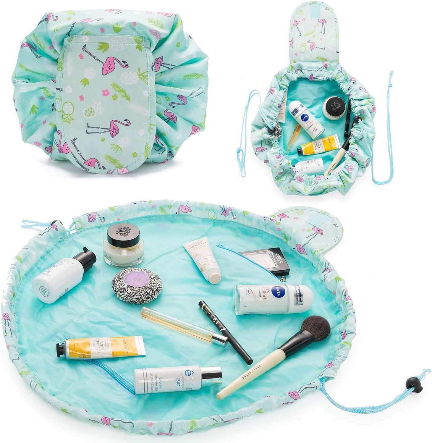 Cosmetic Bag, Cosmetic Bag Quick Make-Up Bag Make-up Bag Toiletry Bag with Drawstring (Turquoise Flamingos) - Image 4