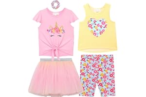 BTween Girls 4 Pack Floral Fashion Summer Clothes Set - Tutu Skirt Tank Top Short Sleeve and Biker Shorts