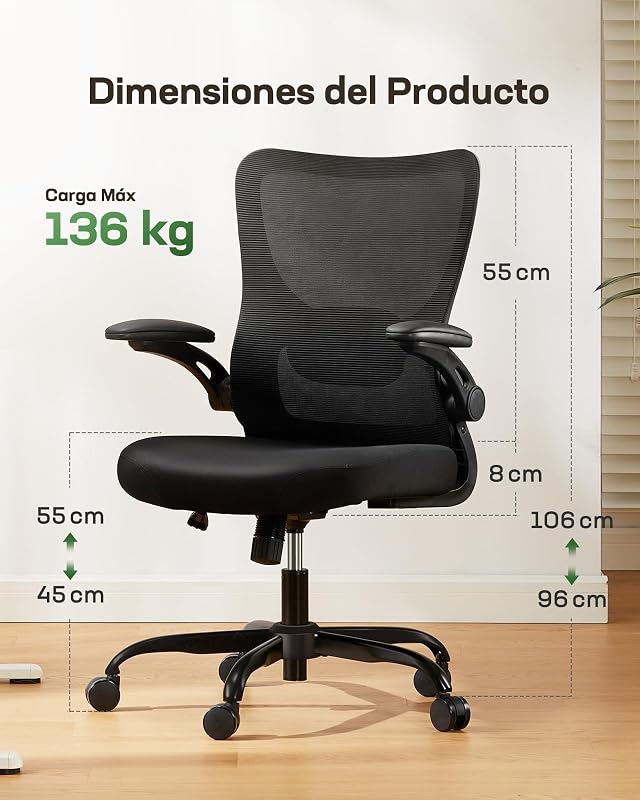 Cadeira ergonómica de secretária: Cadeira de escritório de computador com malha de costas altas e cadeira giratória ajustável para tarefas de trabalho com rodas e apoios de braço 3D