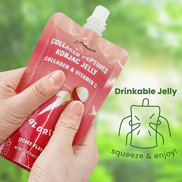 HETHSTIA KONJAC JELLY LYCHEE FLAVOR SQUEEZE POUCH WITH COLLAGEN PEPTIDES, LOW CALORIE(7 KCAL), GLUTEN-FREE, KETO, VITAMIN C DRINKABLE HEALTHY FRUIT SWEET SNACKS & GIFTS, 10 PACKS, ZERO SUGAR