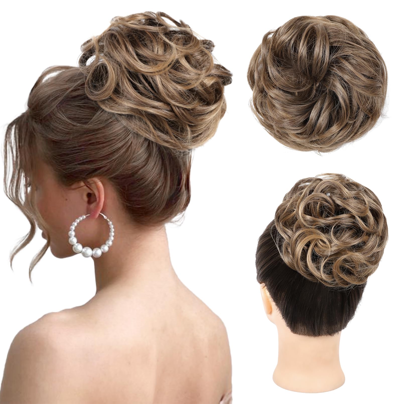 REECHO Messy Bun Hair Piece, Thick Tousled Updo Elastic Hair Bun Hair Piece for Women Synthetic Ponytail Extensions Messy Hair Bun - Light Brown with Golden Ends