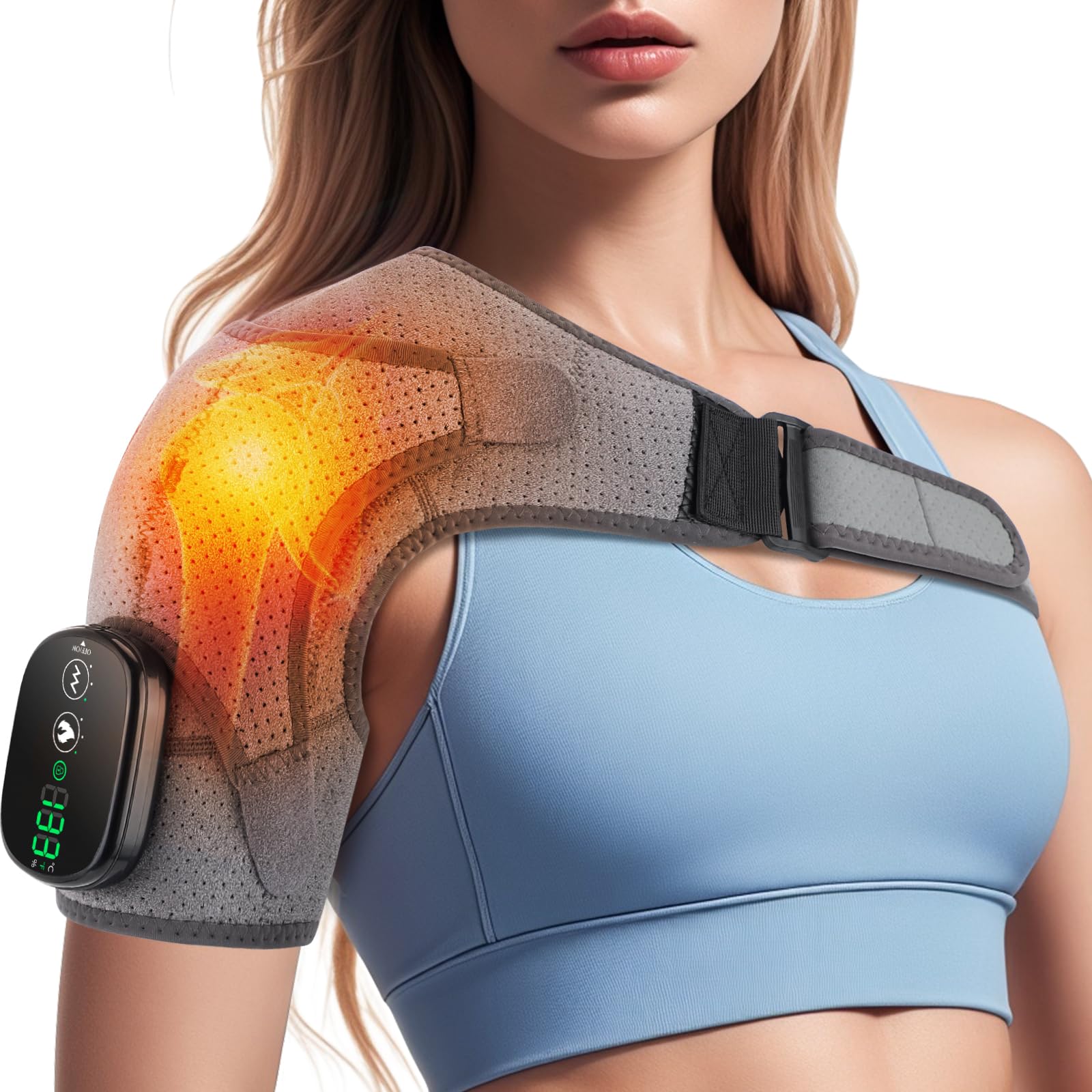 Photo 1 of Cordless Heated Shoulder Brace with Vibration – 3 Heat & Massage Settings, Shoulder Heating Pad for Pain Relief, Adjustable Shoulder Warmer for Men and Women