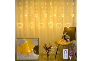 LOLStar Valentines Day Decor, Warm White Heart-Shaped 138 LEDs Connectable Hearts String Lights Plug in With Remote, 8 Flashing Modes Timer Function Window Curtain Light for Valentines Day Decorations