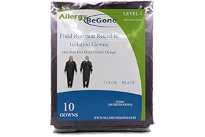 ALLERGY BE GONE Reusable Isolation Gowns - Fluid Resistant Polyester Non-Disposable Gowns for Medical Facilities - Protective Washable PPE Gowns for Dental, Testing Lab, Hospital Use - One Size Unisex Black 10-Pack