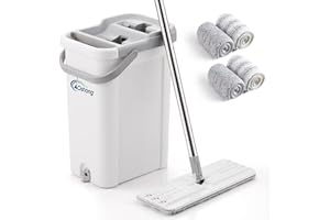 oshang Mop and Bucket Set for Home Floor Cleaning, Hands Free Flat Mop, Stainless-Steel Handle, 4 Washable & Reusable Microfiber Pads