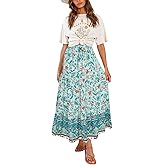 MEROKEETY Women's Boho Floral Print Elastic High Waist Pleated A Line Maxi Skirt