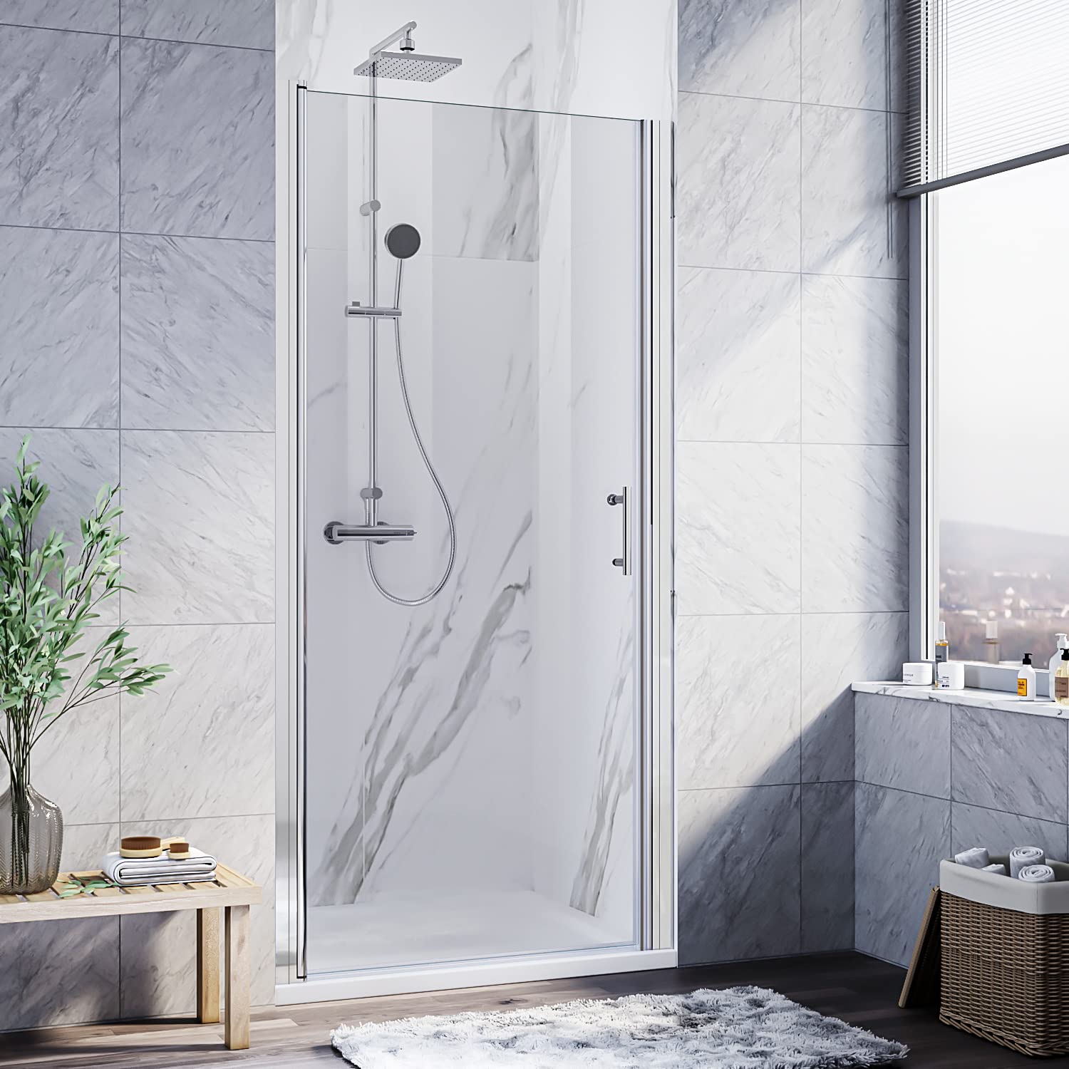Photo 1 of ELEGANT Pivot Swing Shower Door 36 in.W x 72 in.H, Semi-Frameless Shower Door with 1/4 in. Clear Tempered Glass, Single Glass Panel, Chrome Finish