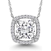 Gem Stone King 10K White Gold Moissanite and White Lab Grown Diamond Pendant Necklace For Women | 1.21 Cttw | Gemstone Birthstone | Cushion 6MM | With 18 Inch Chain