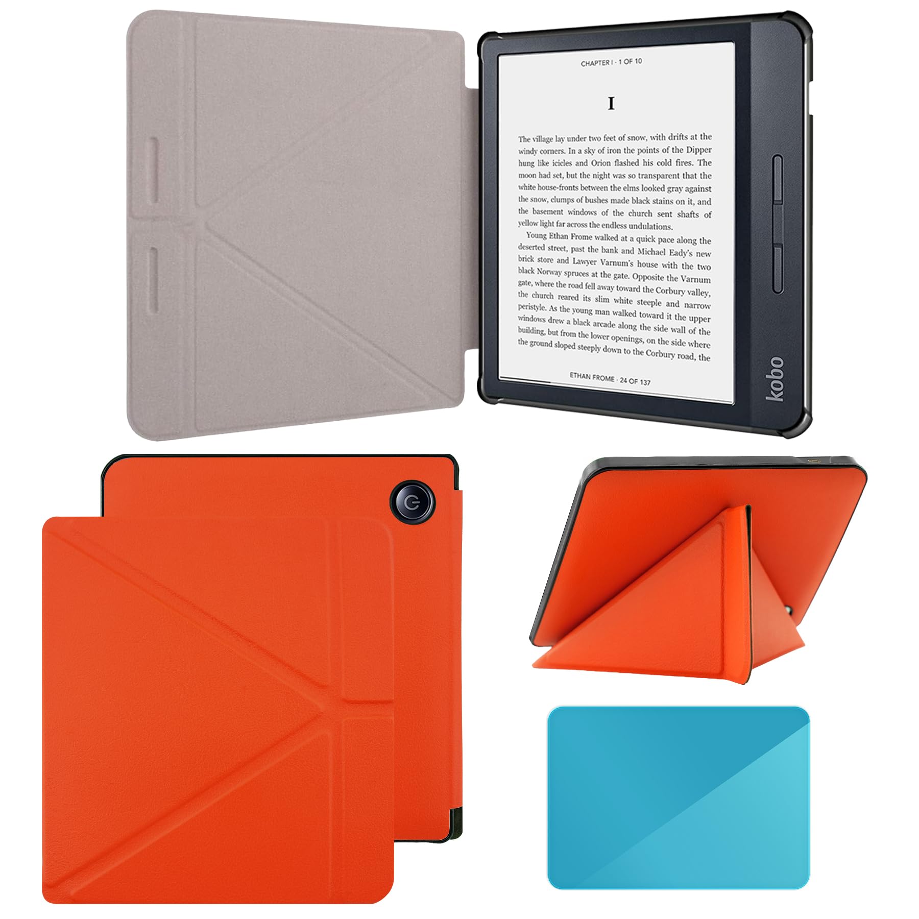 Photo 1 of Fit for Kobo Libra H2O Case e-Reader, Lightweight Premium PU Leather Protective Cover with Auto Sleep/Wake, Black. (Orange, One Size)