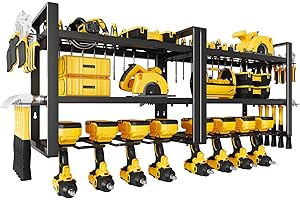 Aunulahca Power Tool Organizer, 8 Drill Holder Wall Mount, 3 Layers Tool Storage Rack Shelf with Hooks, Metal Cordless Power 
