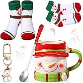 Sliner 4 Pcs Snowman Mug Gifts Set Include Christmas Coffee Mugs 17 oz with Red Spoons Funny Winter Fuzzy Socks Mini Snowman Keychains Hot Chocolate Cup for Women Men Xmas Holiday Birthday Gifts